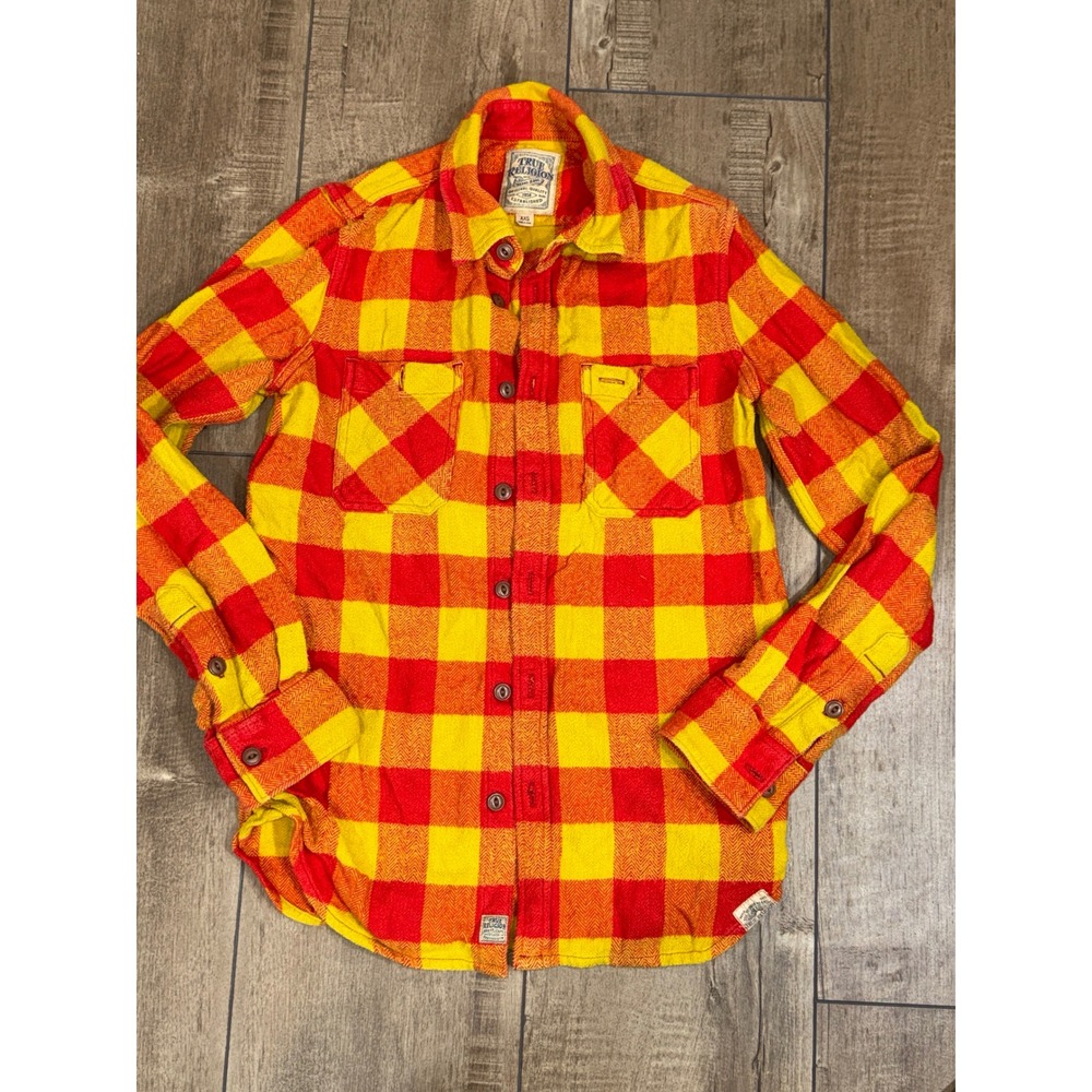True Religion Womens XXS Plaid Flannel Long Sleeve Button Up‎ Shirt Red Yellow